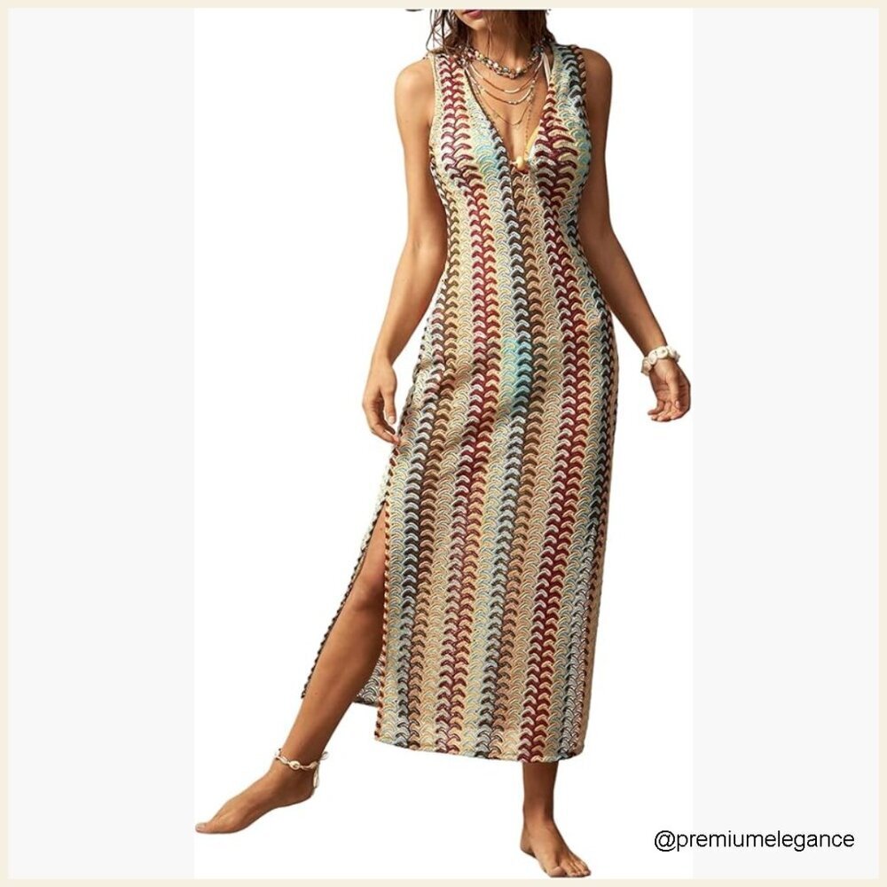 Stretchy Polyester Maxi Dress V-Neck Sleeveless High Waist Summer Beach